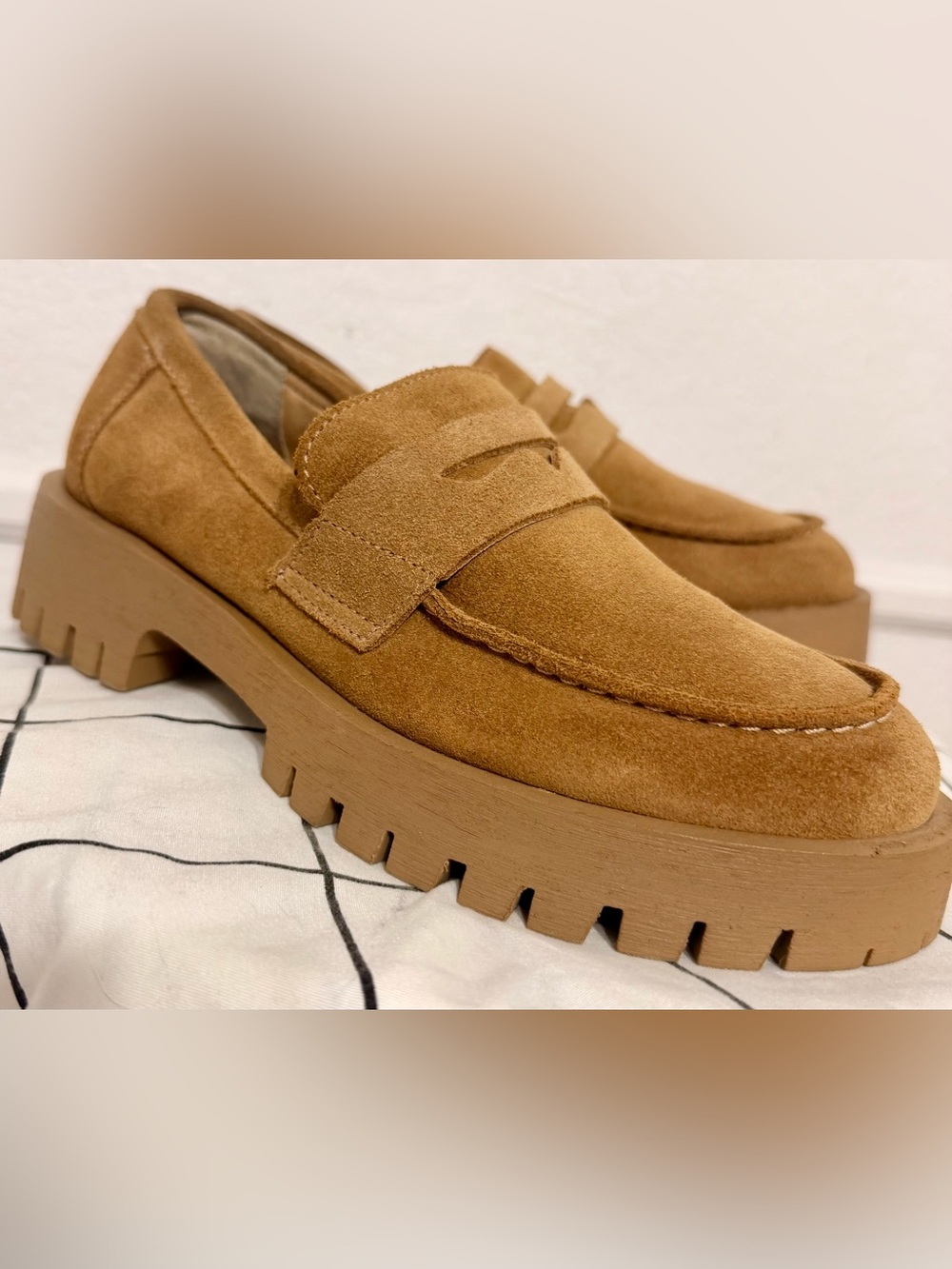 Steve Madden Chunky Lug Suede Penny Loafers in Cognac